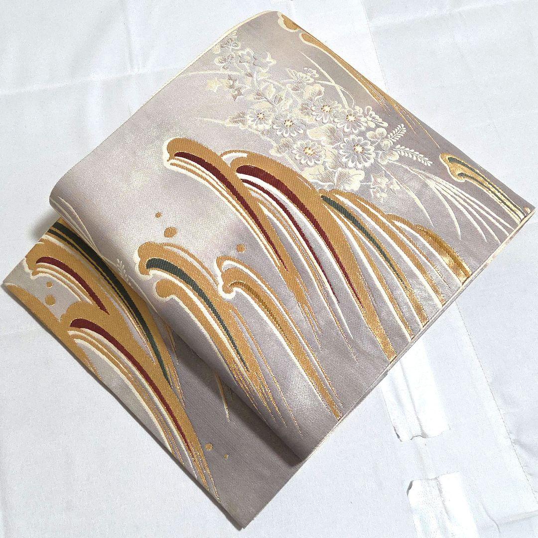 A◇着物くつろぎ 波に花模様 金銀糸 菊 桔梗 萩 六通 正絹 フォーマル