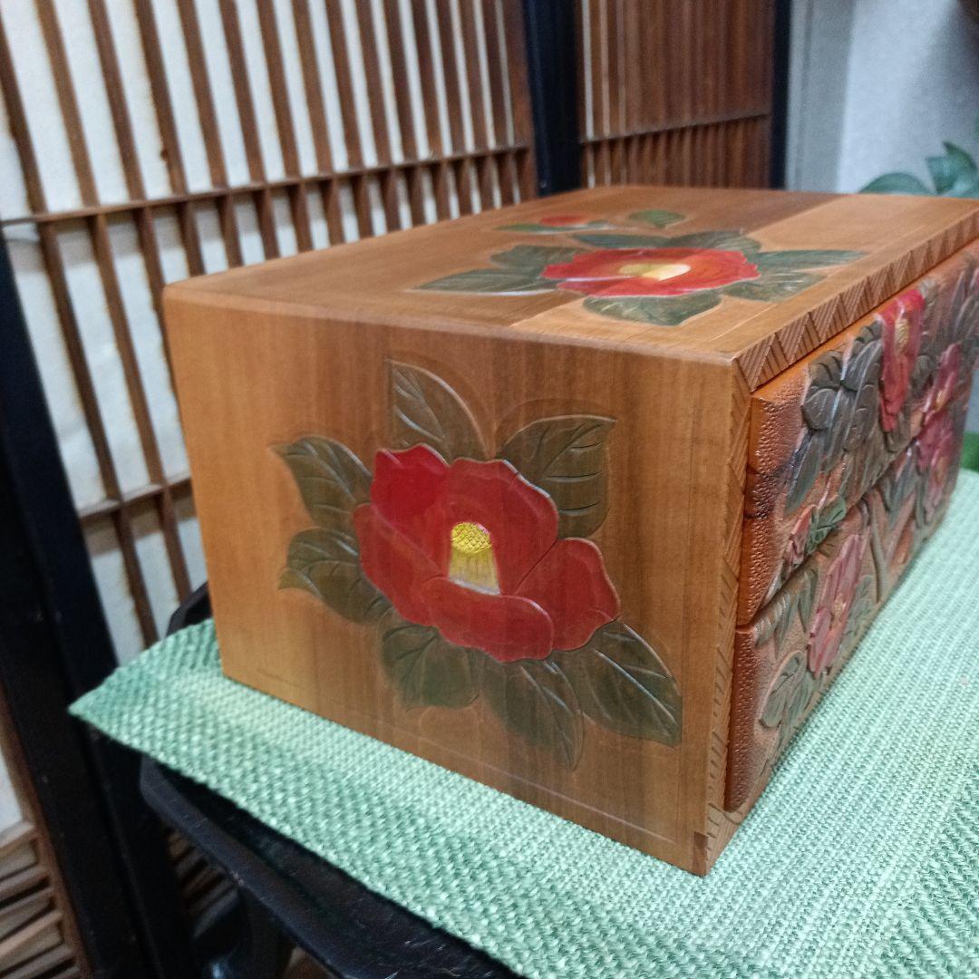 日光彫り二段抽斗(ひきだし)　赤椿　最終価格