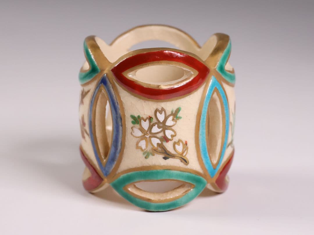 茶道具 清閑寺窯 杉田祥平 色絵四季七宝 蓋置 共箱 陶芸【CM334