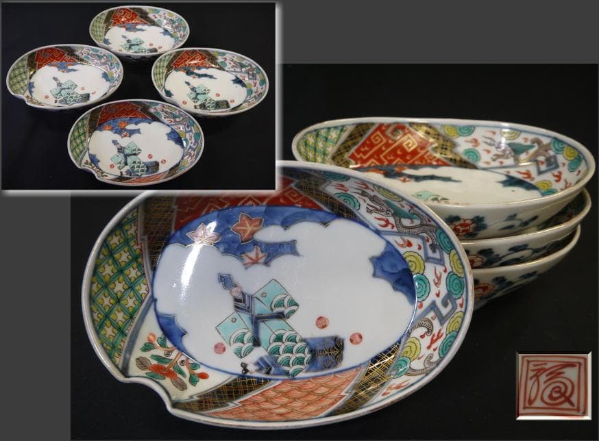 古伊万里色絵 楕円変形深皿　可愛い立ち雛ノ図　４客　お雛様　桃の節句に 古伊万里色絵 楕円変形深皿 可愛い立ち雛ノ図 4客 お雛様 桃の節句に