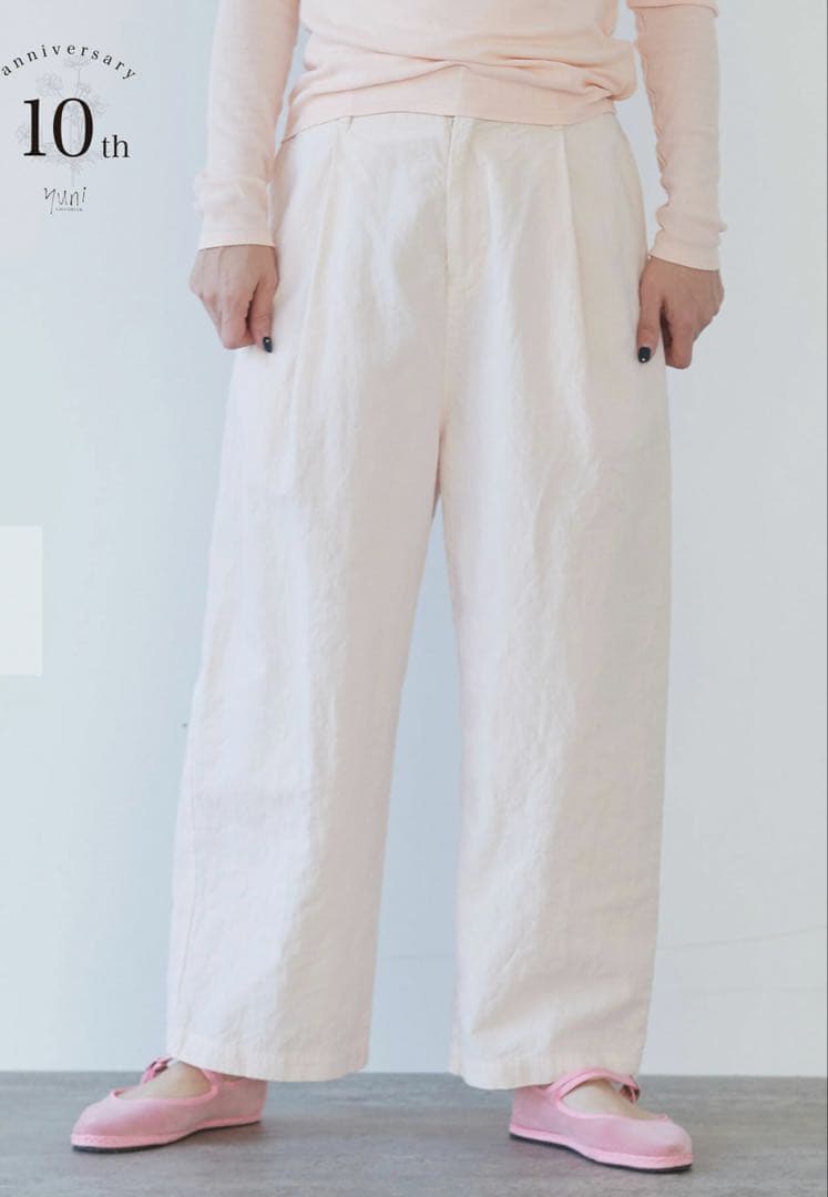 【yuni10周年】ハイツイスト コットン/リネン バックゴムパンツ AMBIDEX Store △コットンリネンデニム バックゴムパンツ(M シロ): yuni