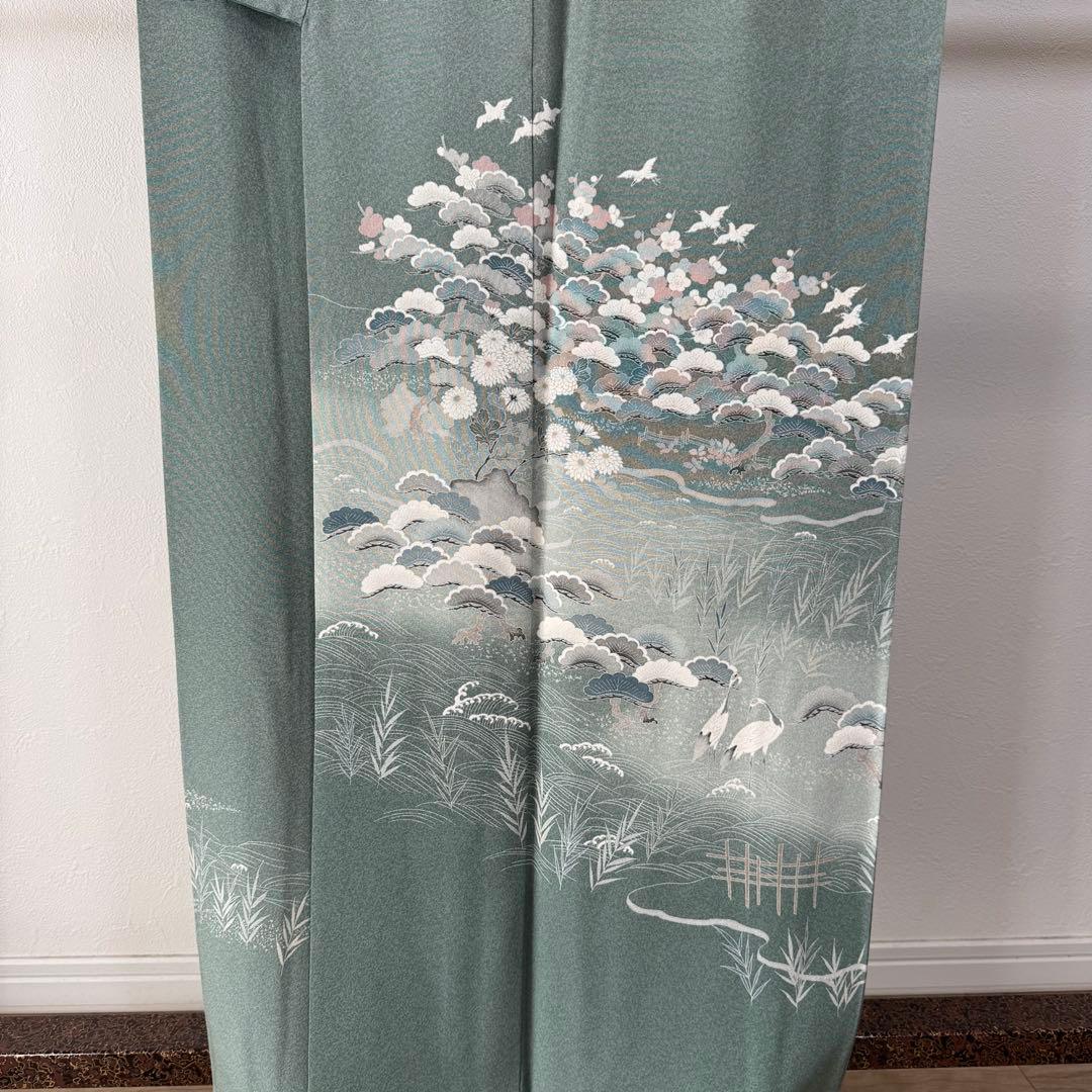 超美品 正絹 袷 現代 訪問着 着物 159裄 65 青緑 薄緑 正統派 松 鶴