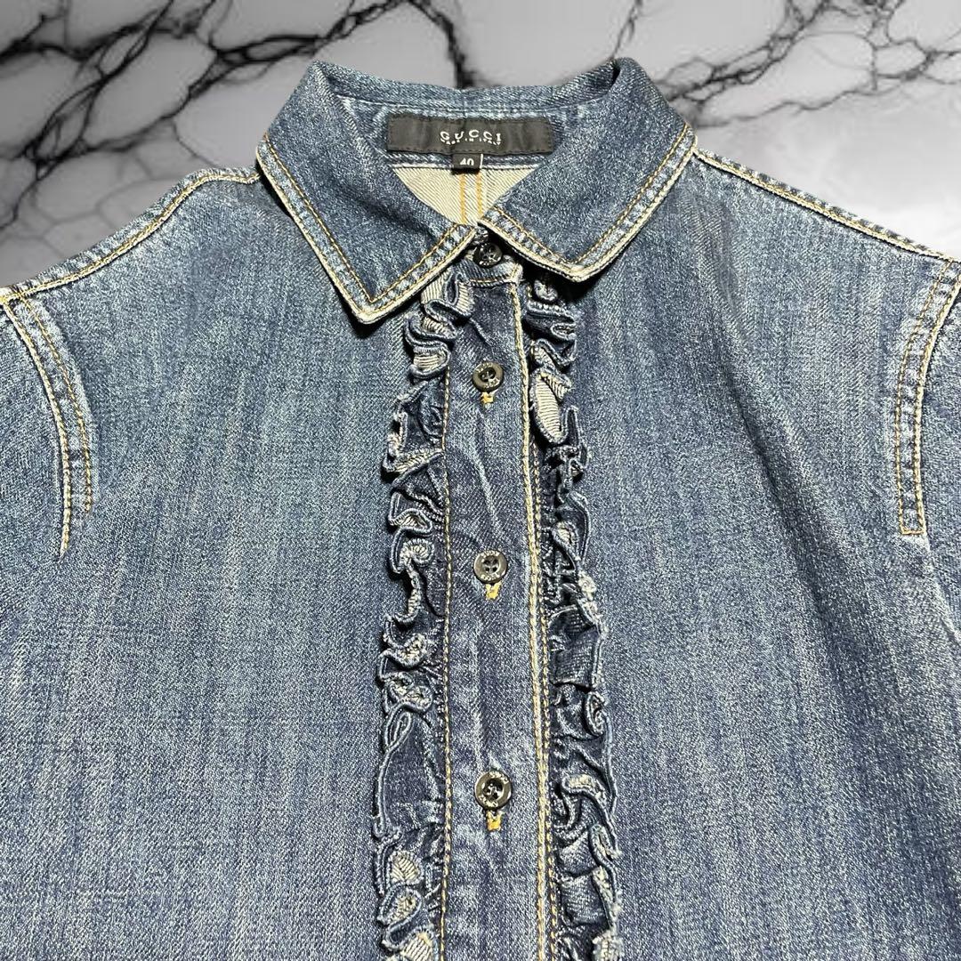 グッチ】美品デニム フリルシャツ インディゴ ロゴボタン レザータグ