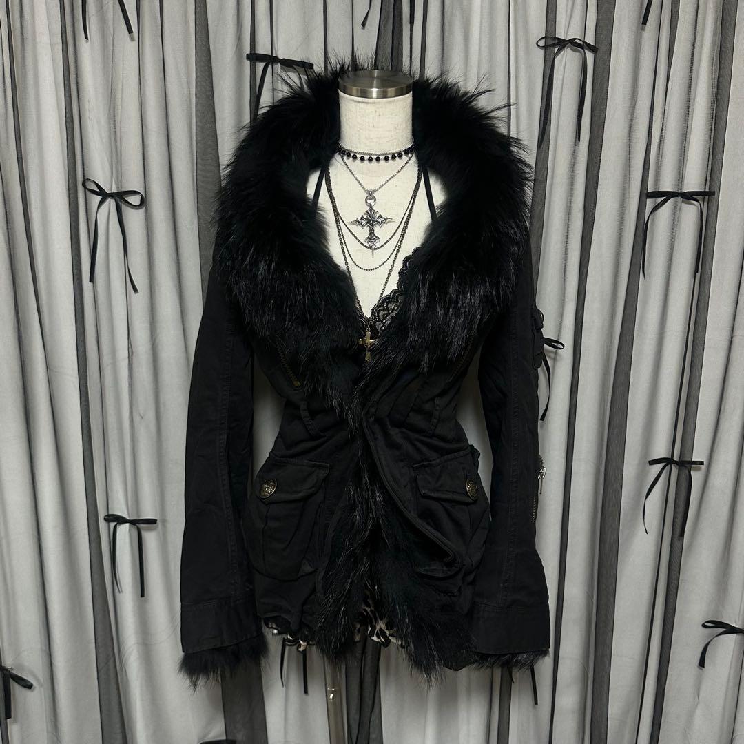 平成ギャル y2k リアルファー ミニタリージャケット ダークコア