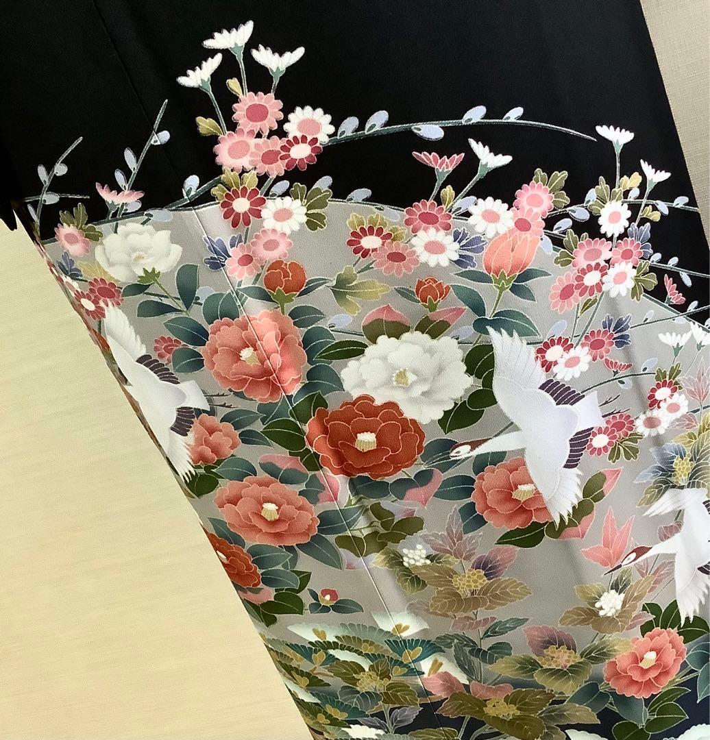 正絹黒留袖 友禅 作家物 飛鶴花松文 ⑧( 訪問着、紬、袋帯なども出品