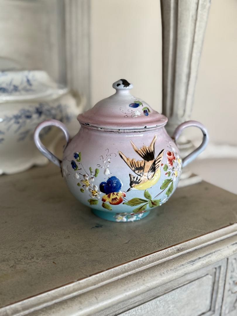 フランスアンティークホーロージャピー社花と小鳥のハンドペイントシュガーポット フランスJAPYジャピー社 アンティークホーロー両手鍋 ピンクローズ