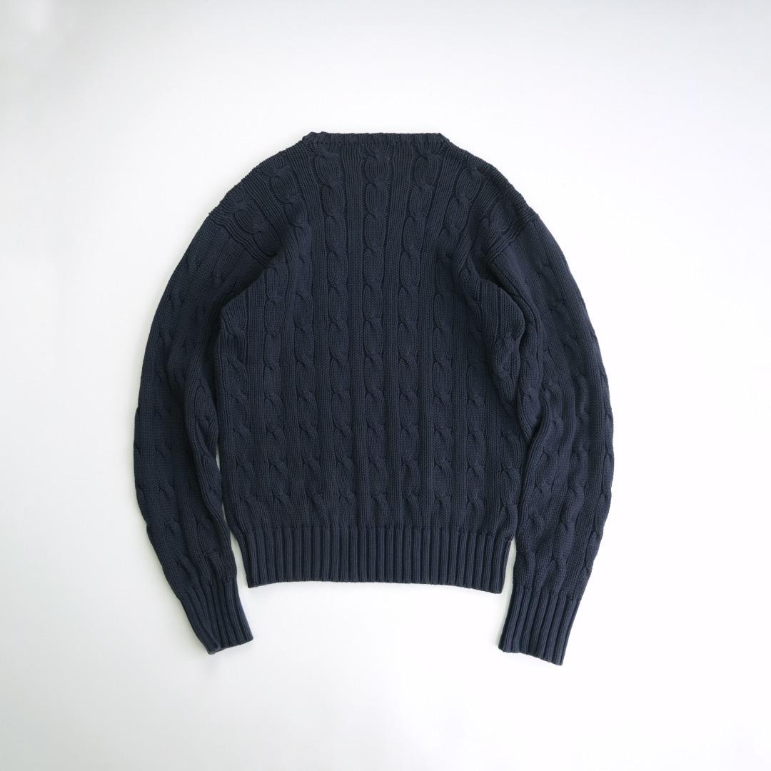 ラルフローレン 90s 刺繍ロゴ コットンケーブルニット 紺 S 古着