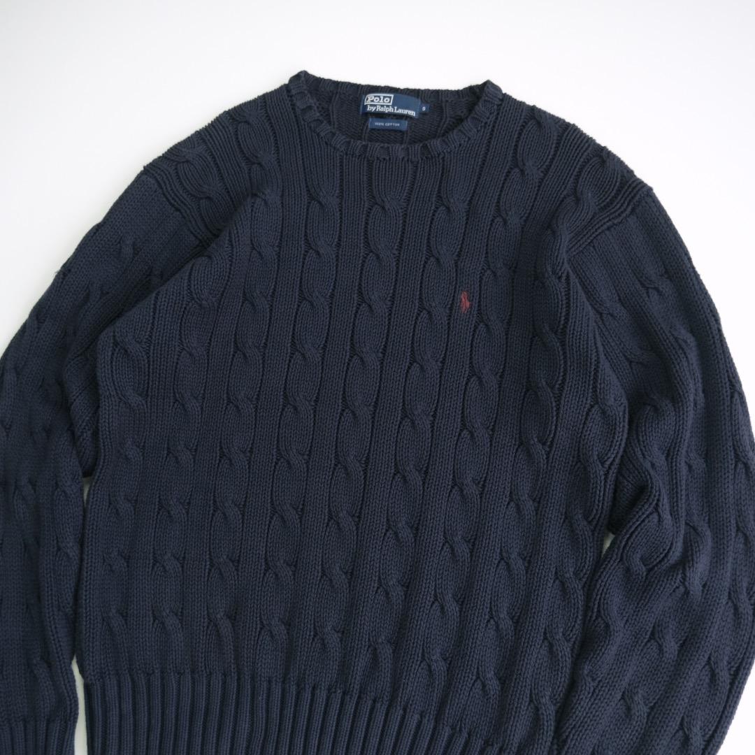ラルフローレン 90s 刺繍ロゴ コットンケーブルニット 紺 S 古着