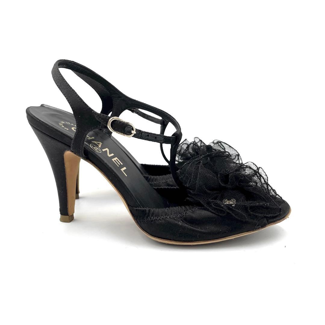 《超美品》CHANEL シャネル カメリア ココマーク パンプス サテン 黒系