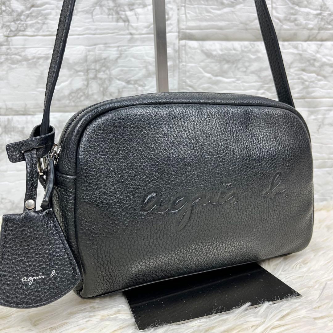 極美品】アニエスベー エンボスロゴ ショルダー レザー ブラック