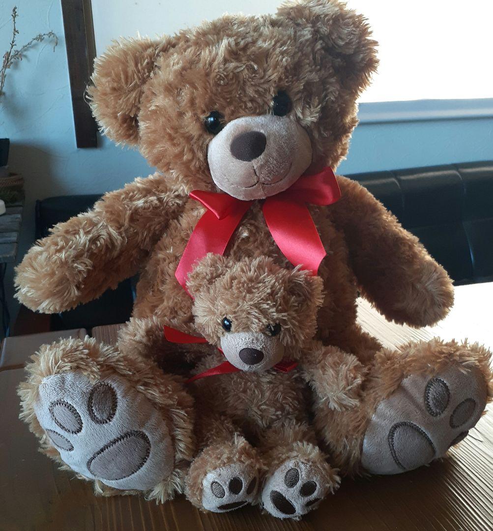 テディベア 赤リボン 大(約32cm)/小(約14cm)2個セット中古品/洗濯済