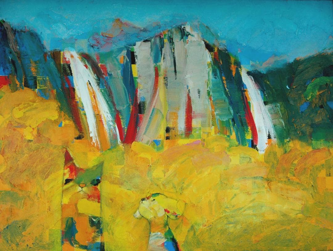 油絵 菅家令子 絵 絵画 インテリア 額付(白) uF6-071119 子犬と猫