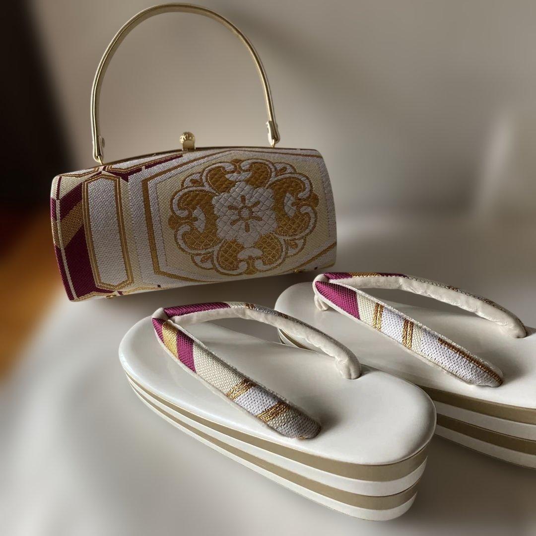 美品　和装 草履バッグセット 振袖用 帯地 金×白×紫 楽天市場】振袖 草履 バッグ セット 成人式 草履バッグセット 振袖用