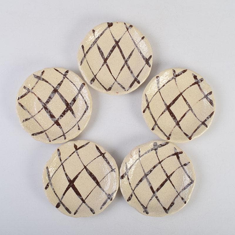 北大路魯山人作 網目文 銘々皿 五客 銘「磯風」 清水公照極め