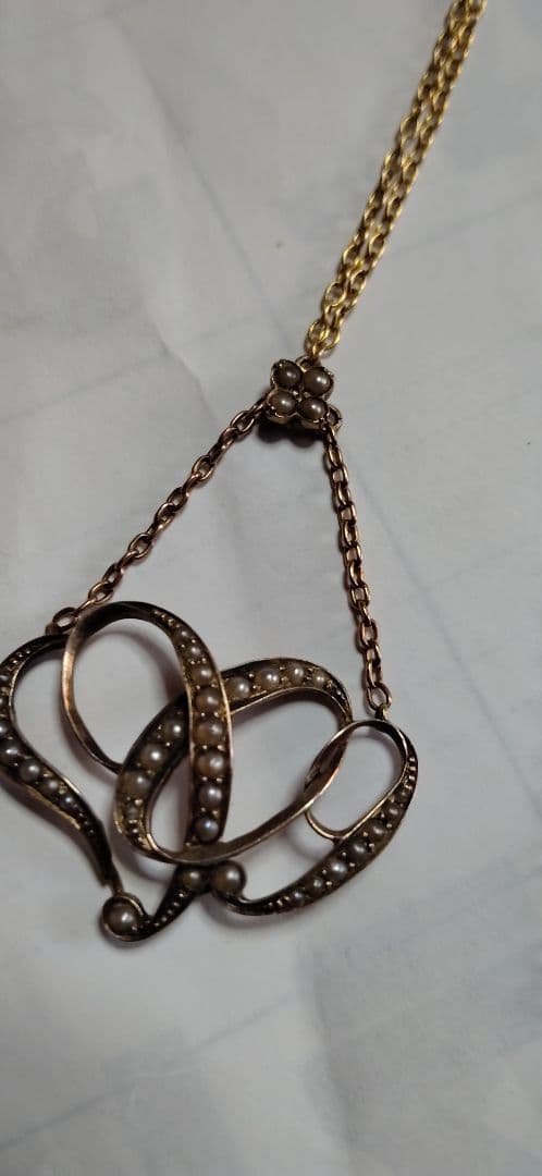 アンティーク、シードパールのネックレス1909年 アンティークシードパール ゴールド ネックレス ブローチ『スノー