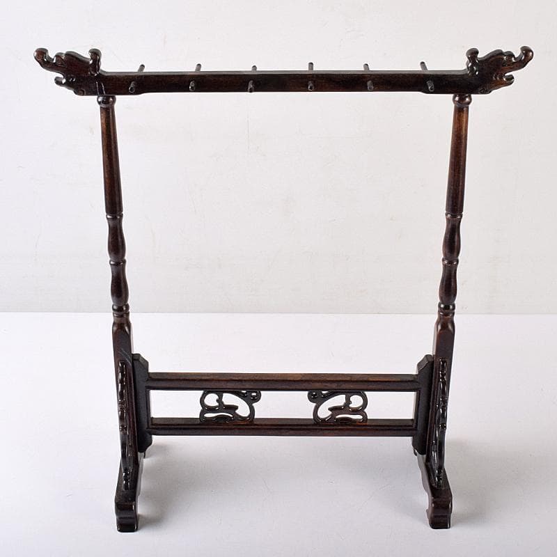 書道具　野崎松寿造　唐木紫檀製　 龍雕　筆掛　筆吊　V　R7943B