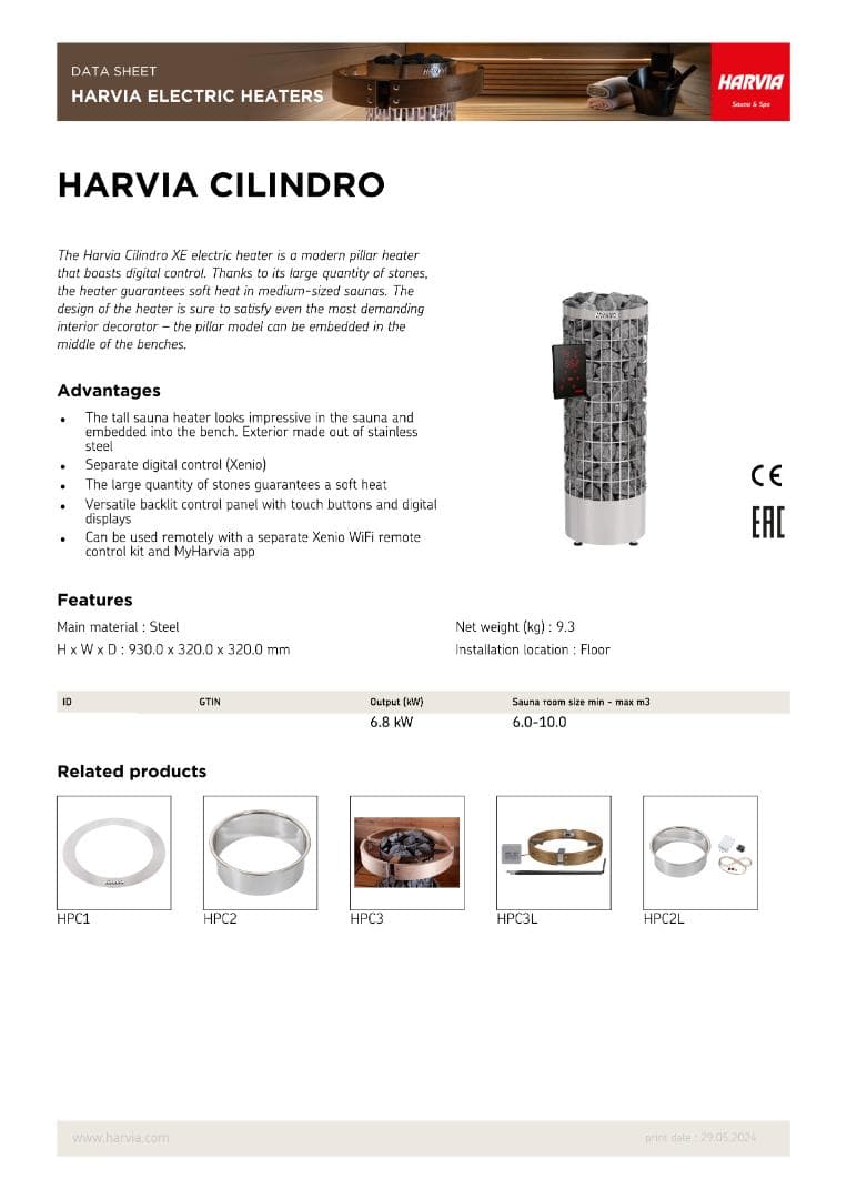 [電源２ｍ付]HARVIA CILINDRO PC70　200V 6.8KW.
