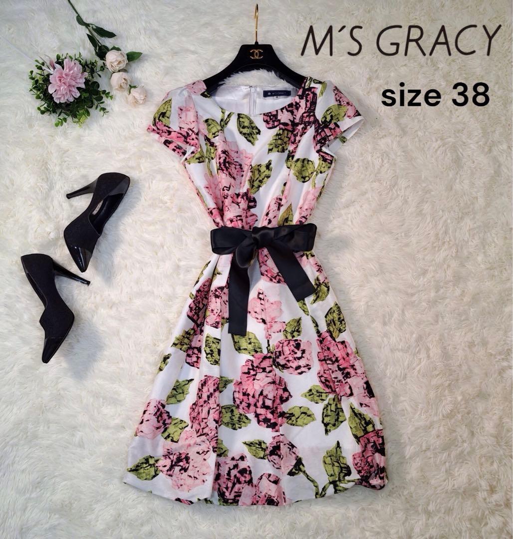 花柄✨エムズグレイシー ワンピース M 花柄 薔薇 Aライン 半袖 38