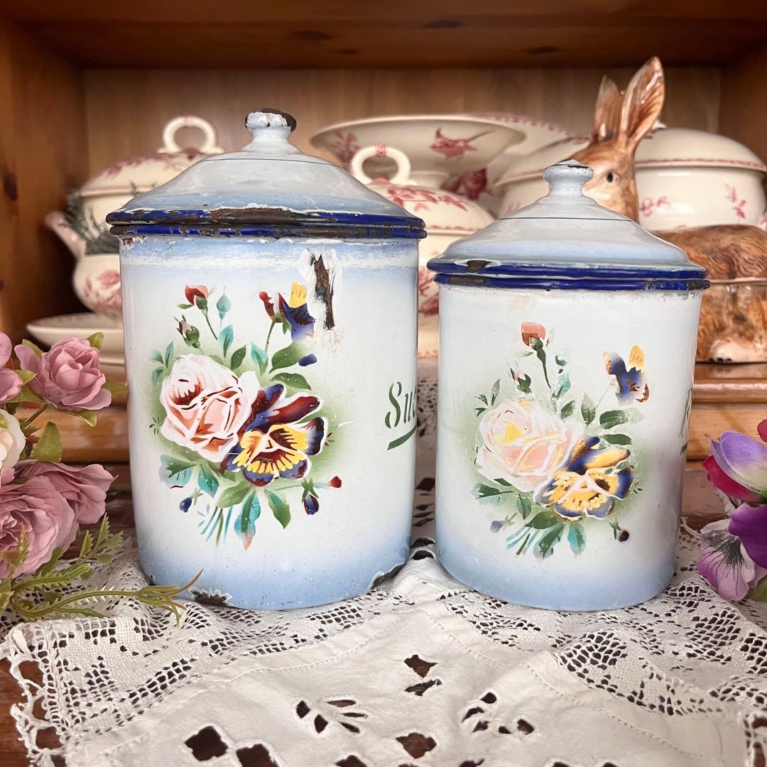 希少＊フランスアンティーク＊Japy ホーローキャニスター＊薔薇と