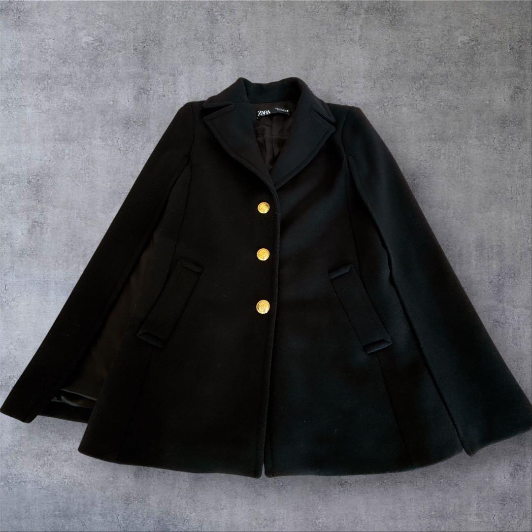 ザラ】ケープコート ポンチョ 金ボタン マンテコ ウール 完売品 黒 S