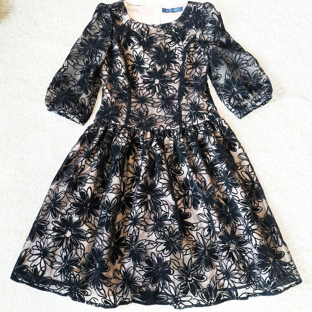 極美品】エムズグレイシー 7分袖 ワンピース Aライン 花柄 Mサイズ