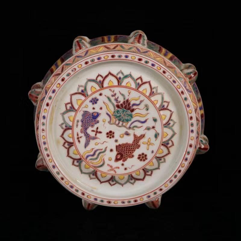 中国古美術✦大明宣徳紋 五彩 魚藻紋 筆洗✦置物・書道