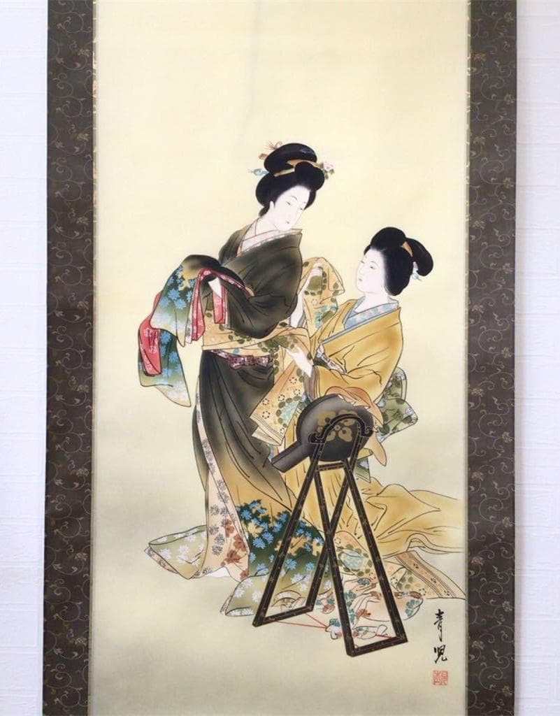 掛軸 田口青児『よそおい 美人図』日本画 絹本 肉筆 共箱付 掛け軸