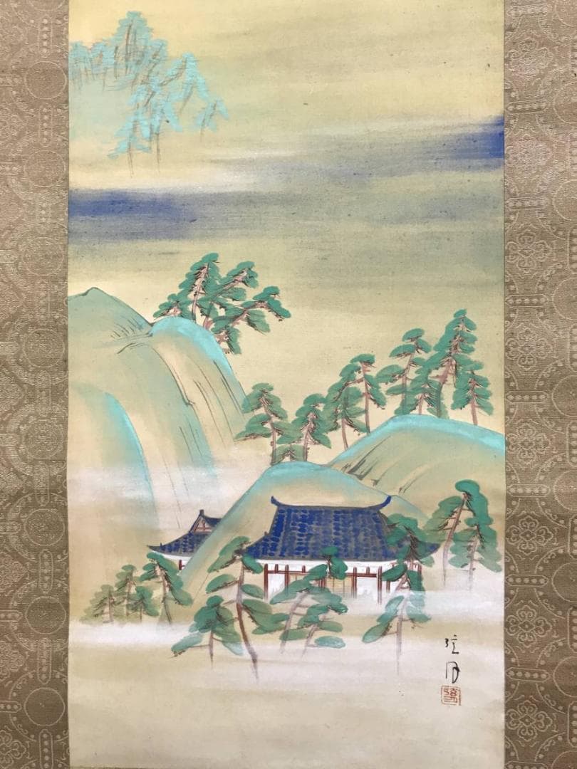 真作】矢沢玄月/富士山水図/掛軸☆宝船☆AD-575