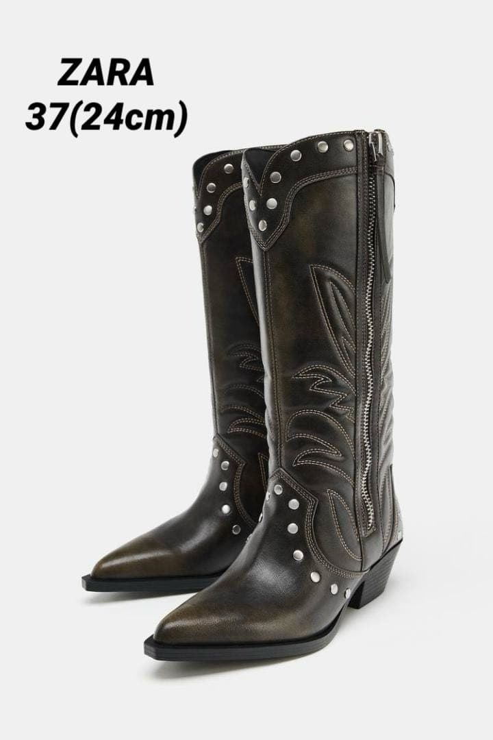 ZARA スタッズ付きカウボーイブーツ　ウエスタンブーツ 〇 タグ付き新品〇 ZARA スタッズ付き カウボーイ ウエスタンブーツ 37