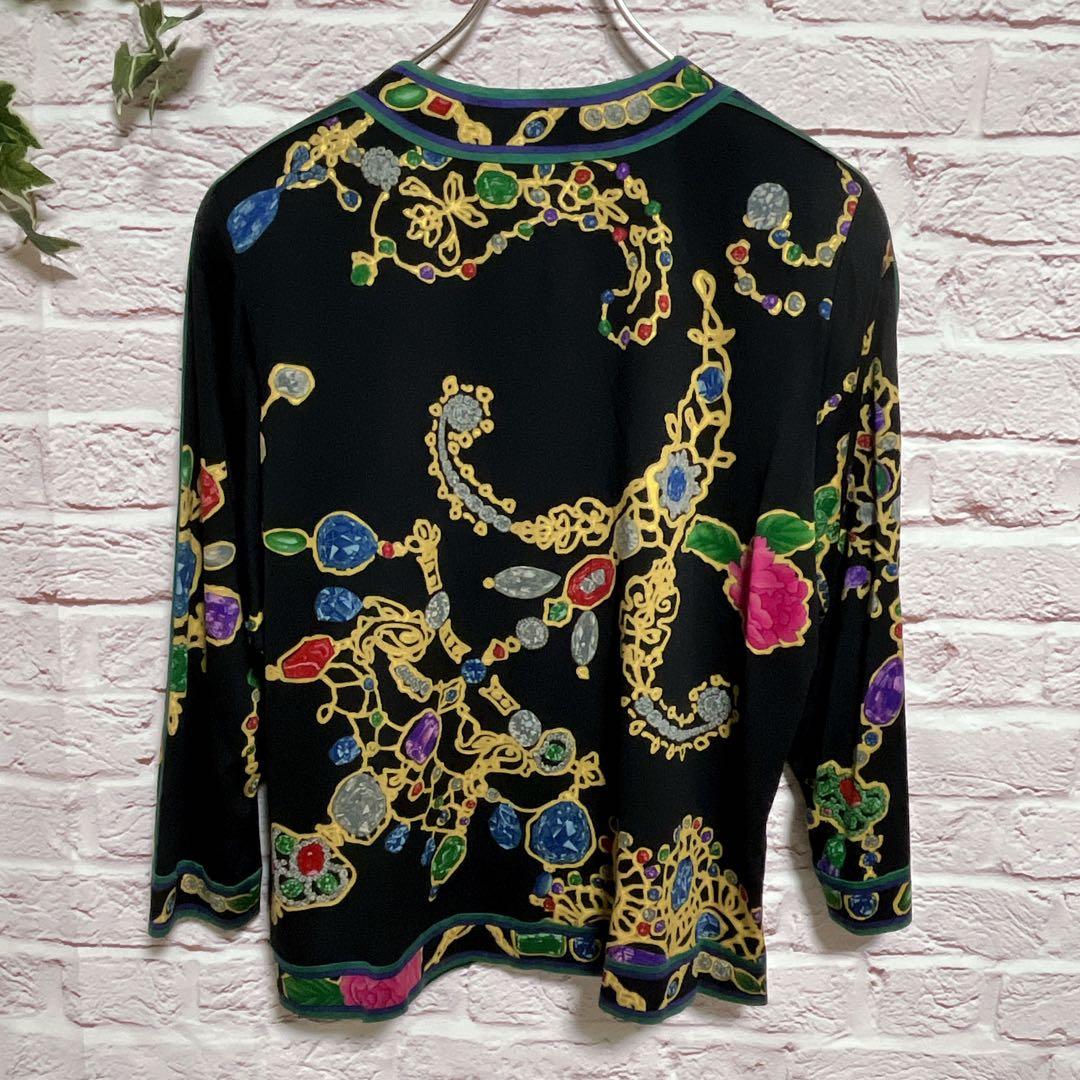 美品】レオナール シルク混 宝石柄 ノーカラー カーディガン LL 日本製