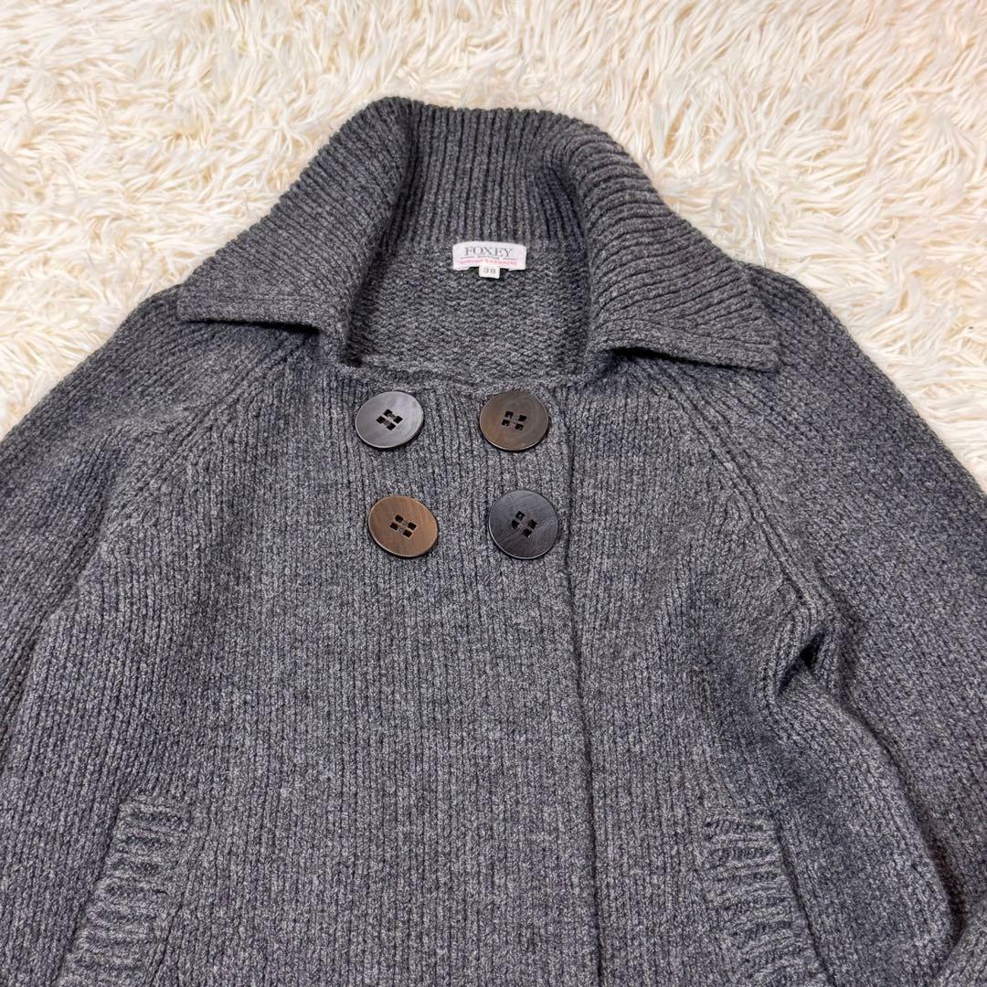 美品 FOXEY ニットカーディガン カシミヤ シルク 水牛釦 グレー 38