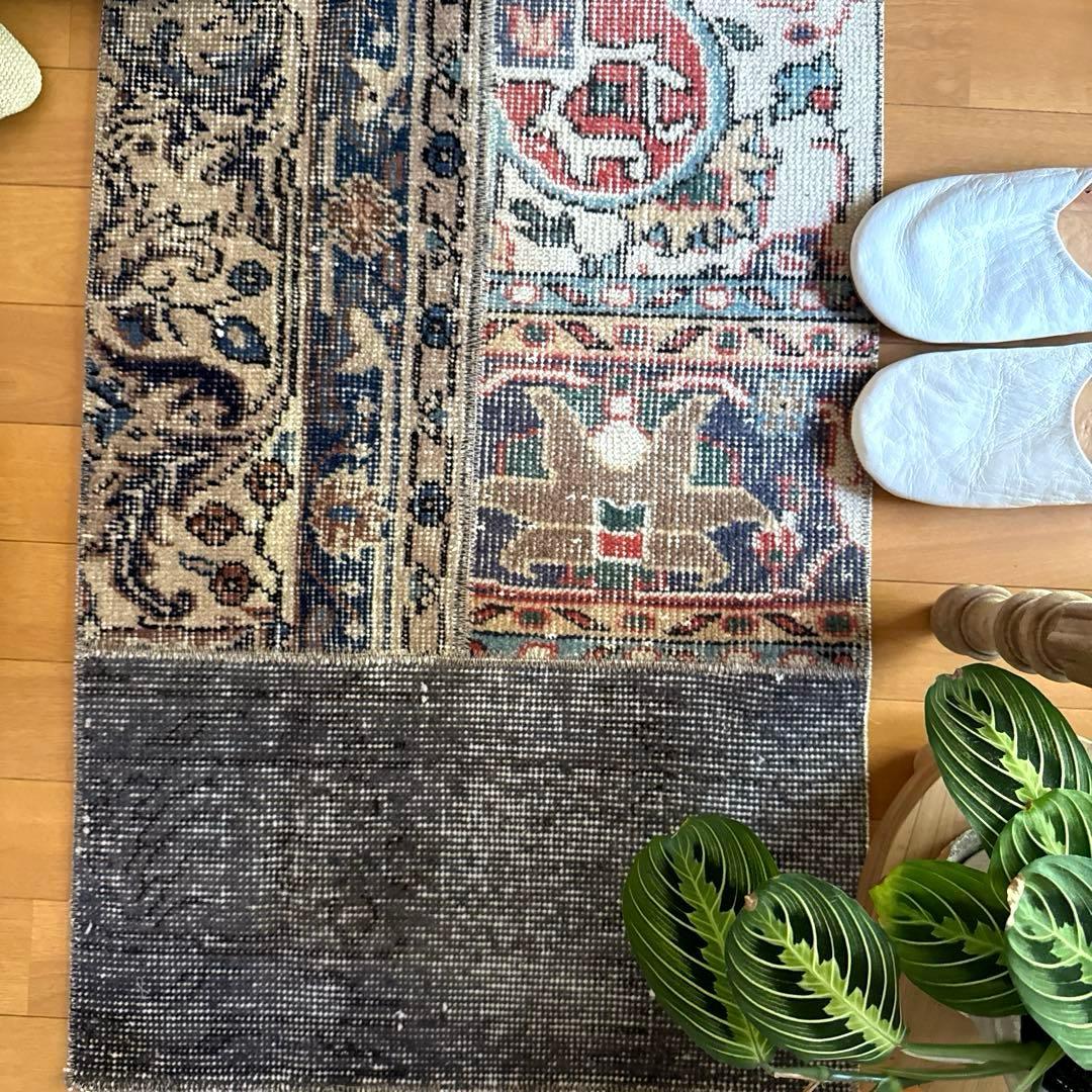 49×100 グレイ×ボタニカル 大人パッチワーク トルコヴィンテージラグ