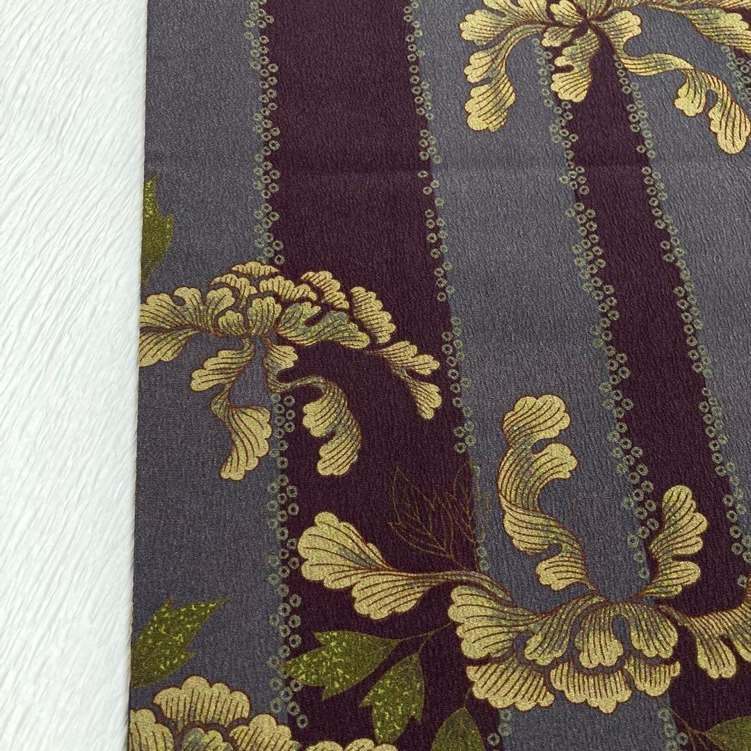 美品✨】撫松庵 洗える着物 小紋 牡丹 縦縞 灰紫 灰青紫 アンティーク調