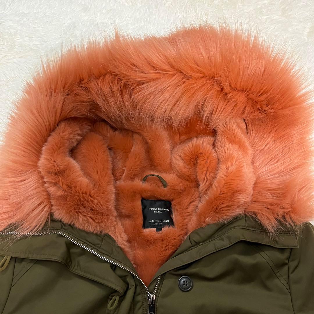 美品 ZARA ピンクファー モッズコート M N3B カーキ ザラ 77302 レディース