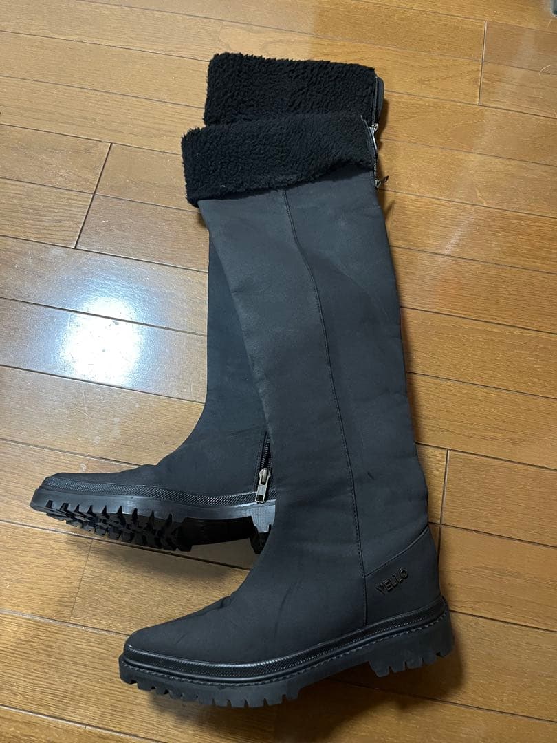 YELLO ブラック ひざ上ニーハイロングブーツ モコモコ - メルカリ