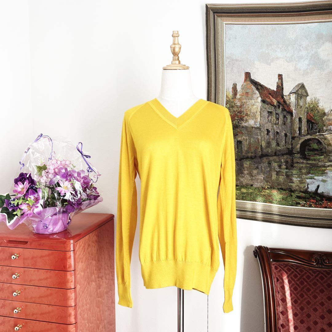 新品 HERMES エルメス 刺繍 カシミヤ シルク Vネックニット イエロー