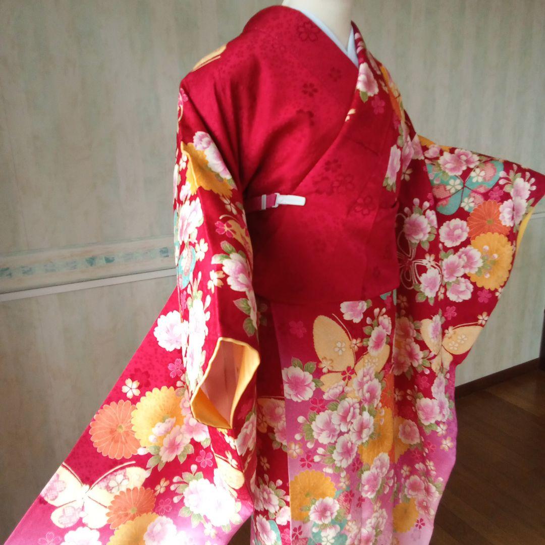 5165振袖単品 KANSAI寛斎ブランド 赤ピンク蝶 正絹 成人式卒業式結婚式