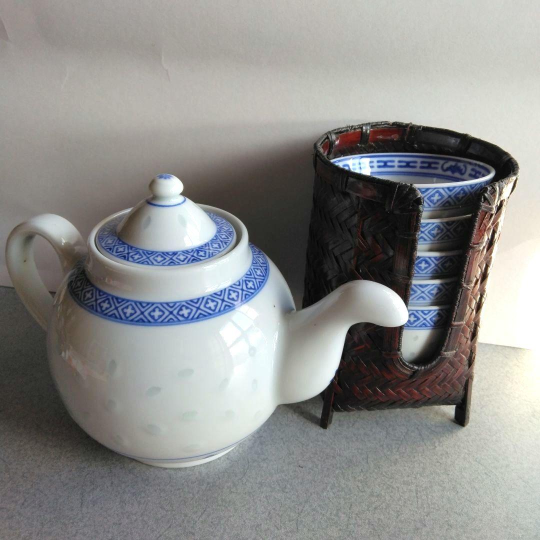 景徳鎮中国茶器 蛍透かし陶器 急須湯呑みセット収納竹かご付き - メルカリ