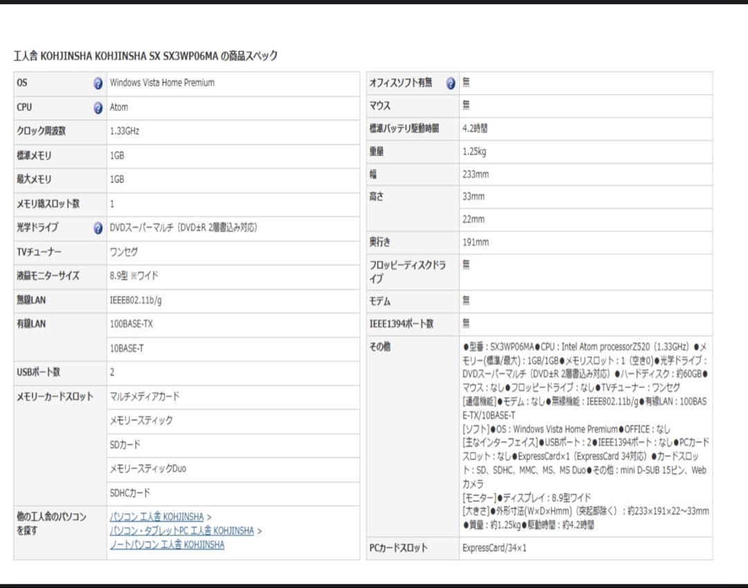 工人舎 ミニノートパソコン SX3WP06MA DVDスーパーマルチ　ワンセグ