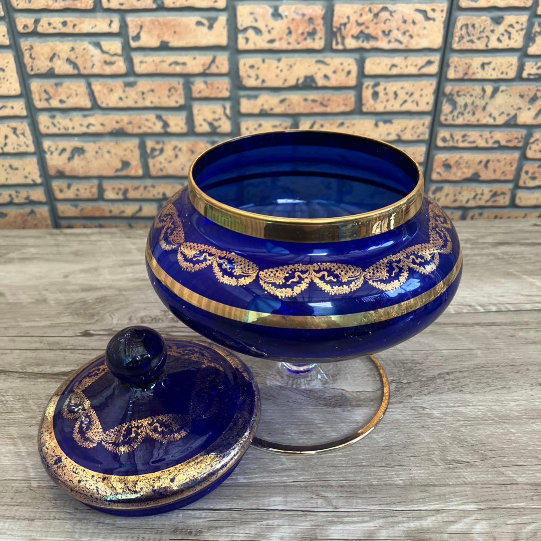 D-4 ヴィンテージ コバルトブルー 金彩 脚付き 蓋付き 菓子器ボンボ