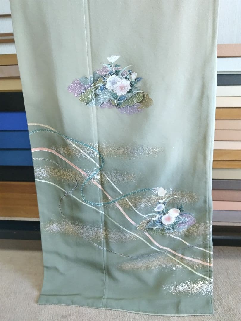 F‐305 付け下げ 京友禅 草花 組紐 袷 金彩 銀彩 暈し 正絹