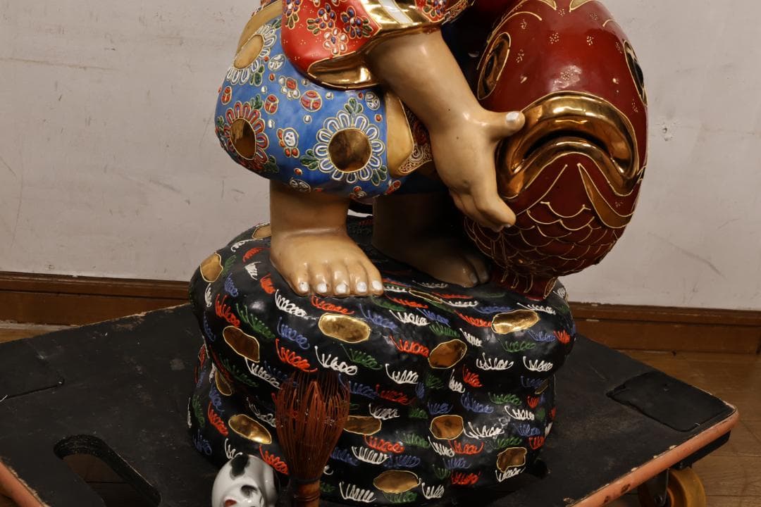 九谷焼 峰光 銘 色絵金彩 恵比寿像 七福神 置物 高さ約62cm BK125