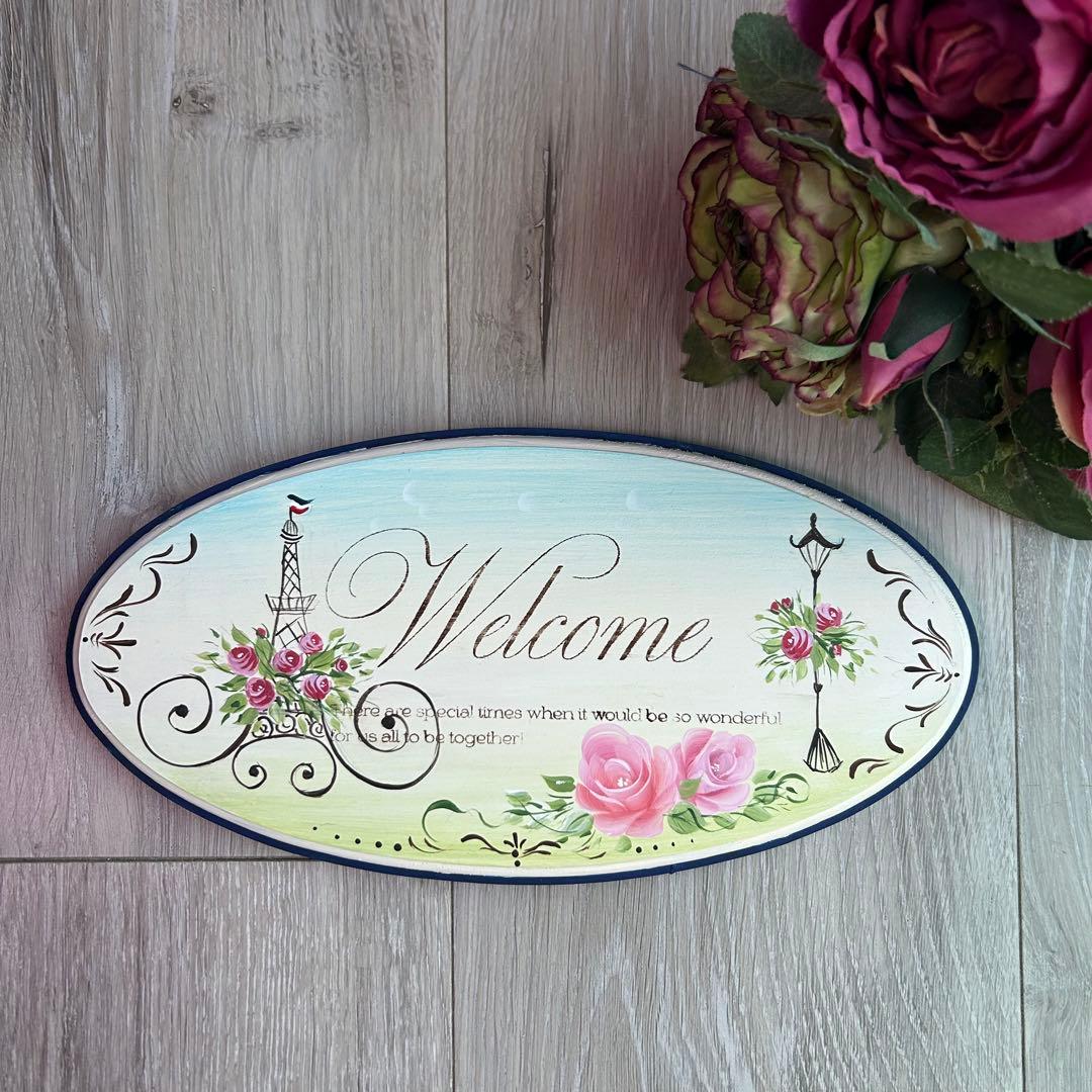 トールペイント作品 パリの風景とピンクの薔薇のウェルカムボード