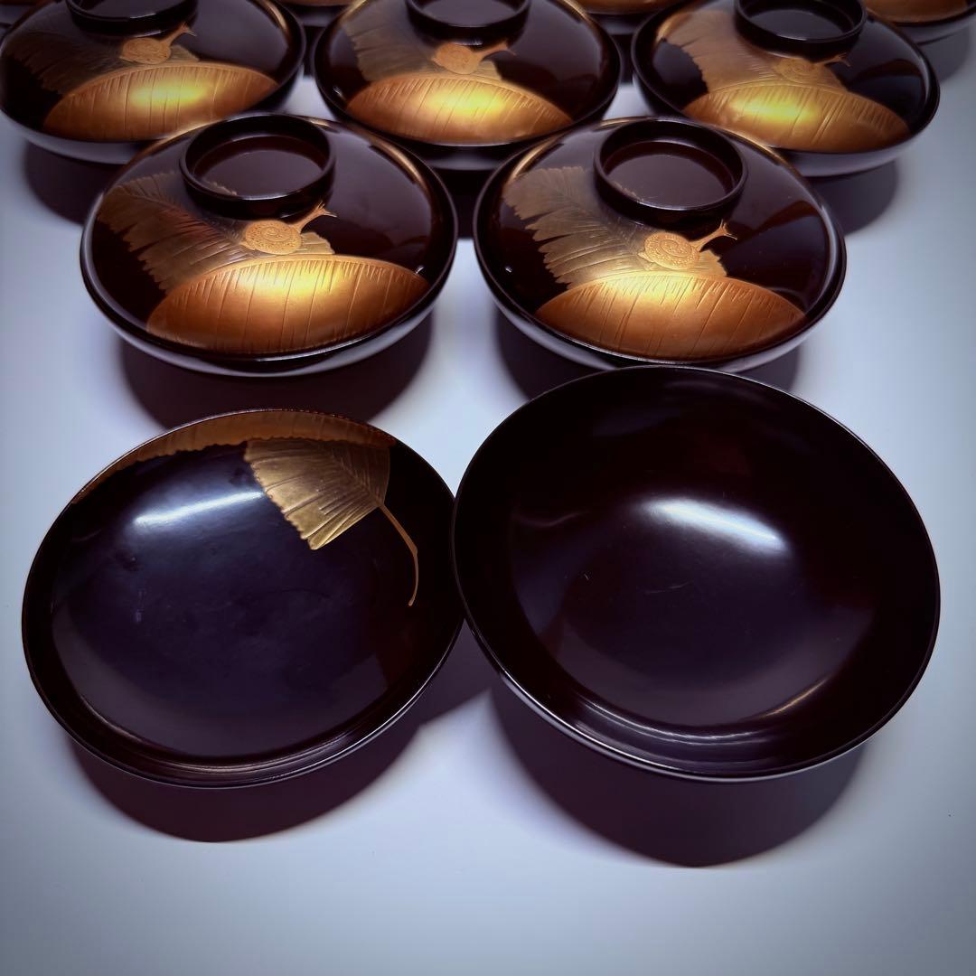 漆器輪島塗 蒔絵金彩細工 沈金木製 蓋付椀 お煮物椀 吸物椀 10 客