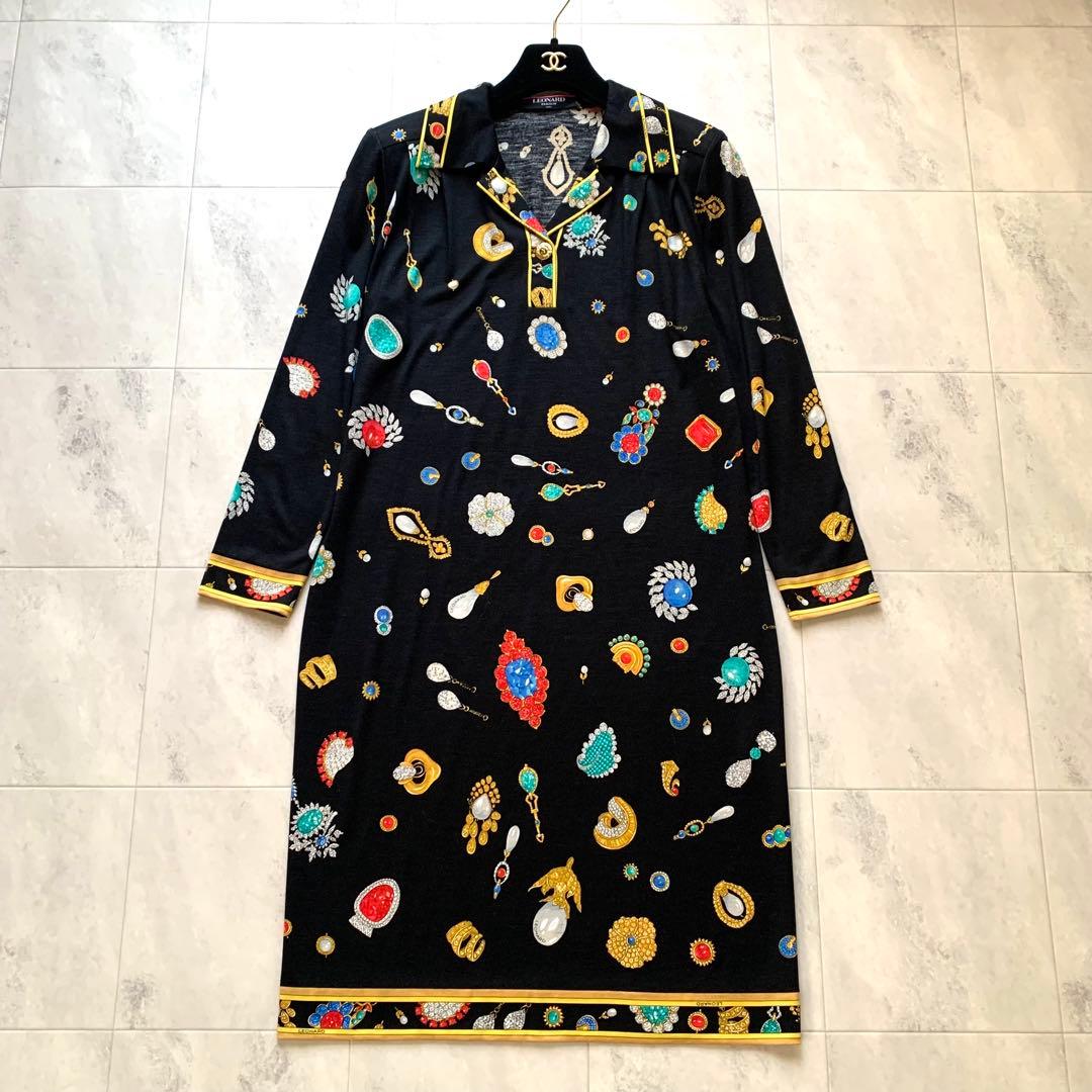 レオナール ベルト 膝丈ワンピース 宝石 ウールシルク 襟 トリム 金