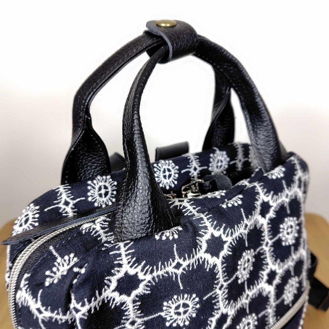 専用】/タンバリンネイビー×アネモネ/ボストン型トートリュック本革黒