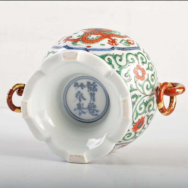 篩月庵 三浦竹泉造 赤絵金彩 花唐草龍文 双耳遊環香炉 共布共箱 J