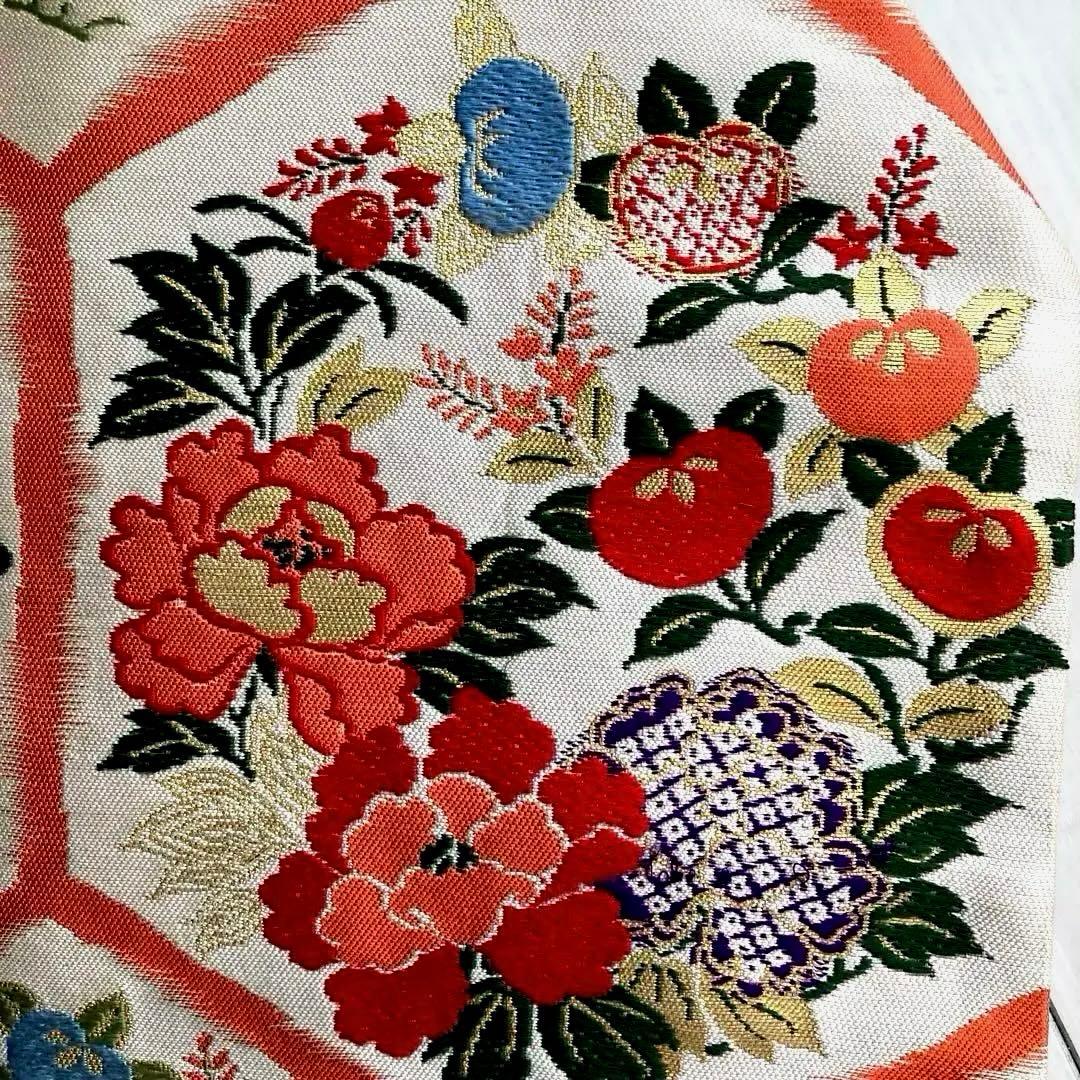 アンティーク名古屋帯 織り出し花模様 アイボリー 正絹 大正ロマンNo.28