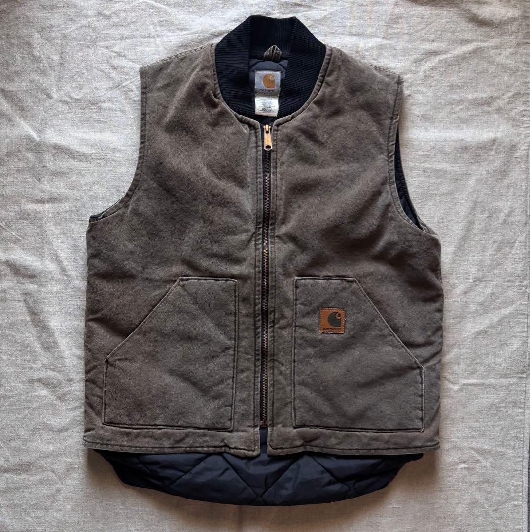 【雰囲気抜群】Carhartt ダックベスト USA製 腰ゴム Tall リアルフェード 90s カーハート ダックベスト 腰ゴム USA製 CHT茶系