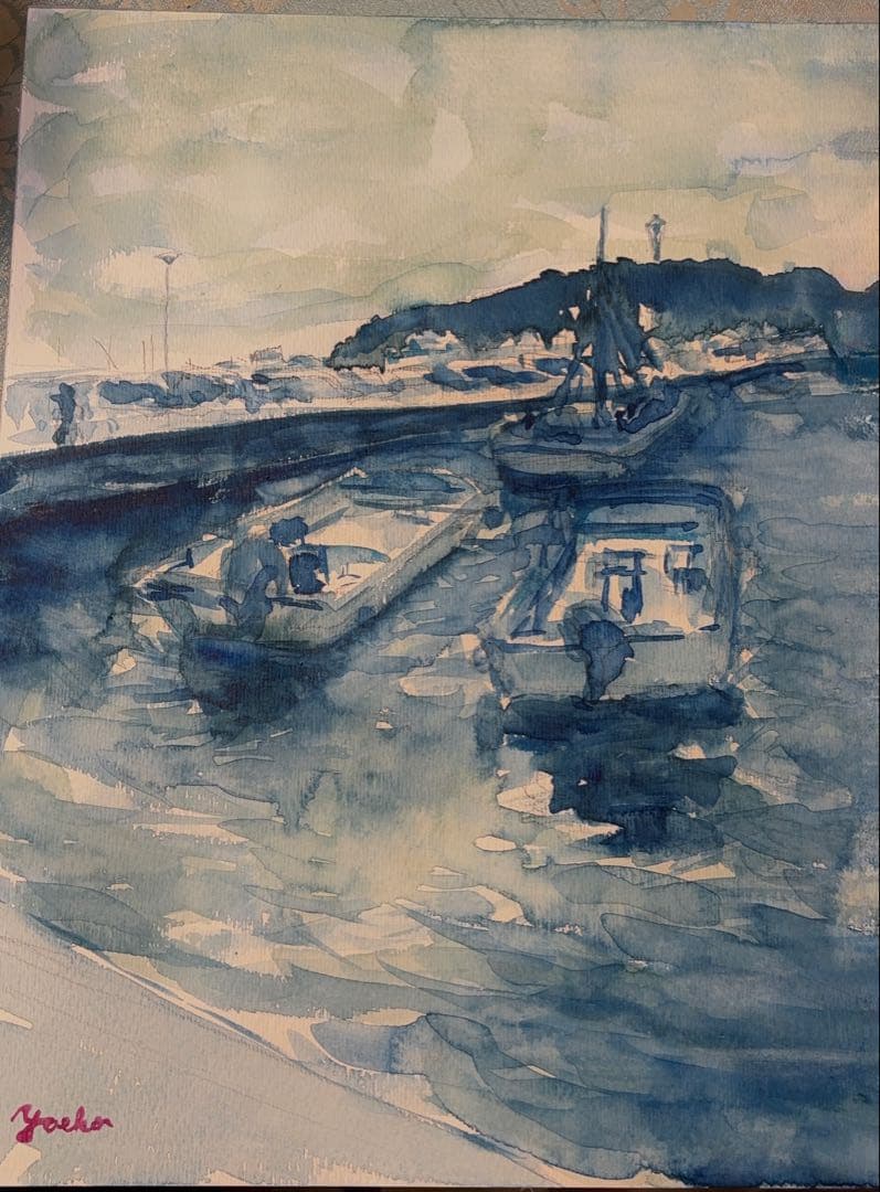 水彩画 F4 額、額装付き 湘南海岸ボートと港の風景 遠くに江ノ島